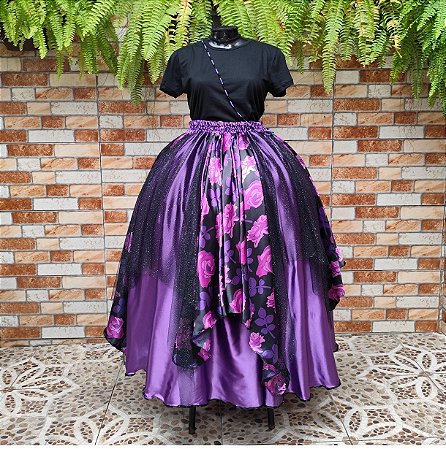 Saia lenços estampado/tule glitter - forro roxo