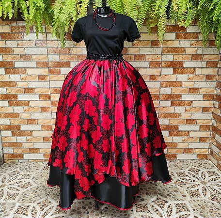 Saia lenços estampado preto/vermelho escuro