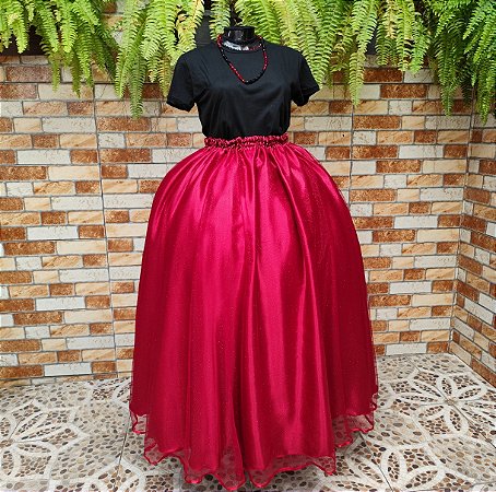 Saia tule/glitter bordô