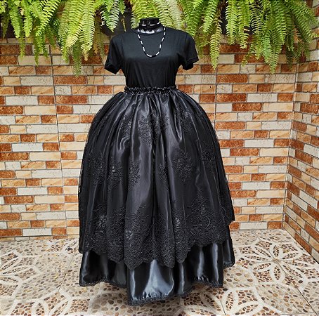 Saia de tule bordado preto com forro preto