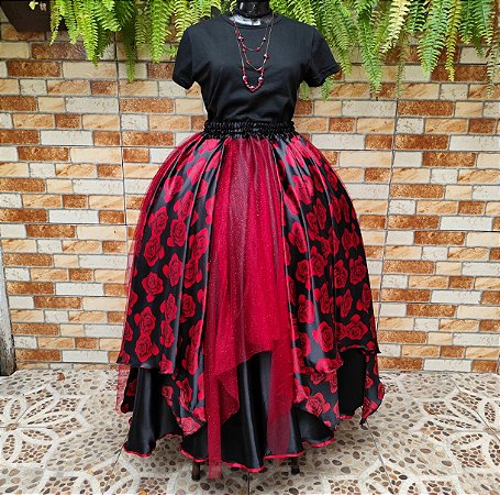 Saia lenços estampado/tule glitter bordô - forro preto