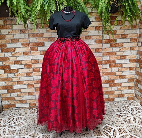 Saia tule/glitter bordô com forro preto estampado