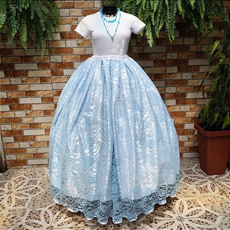 Saia de renda azul com forro branco