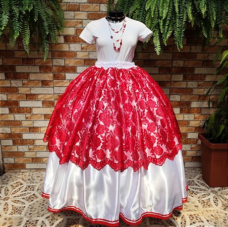Saia de tule bordado vermelho com forro branco