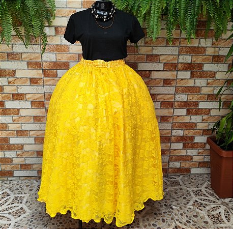 Saia de renda amarela com forro amarelo