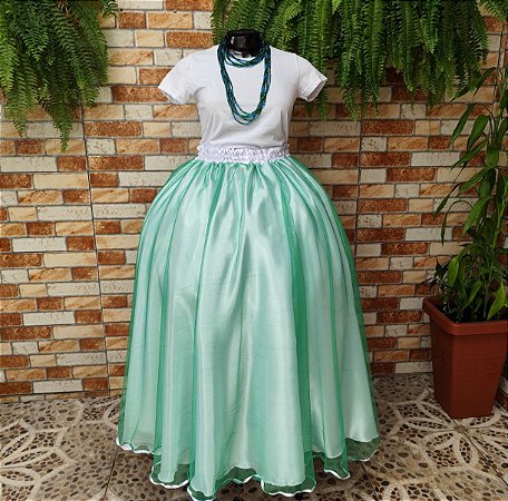 Saia tule/glitter verde com forro branco