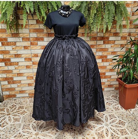 Saia tafetá bordado preto