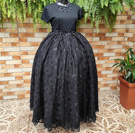 Saia de renda preta com forro preto