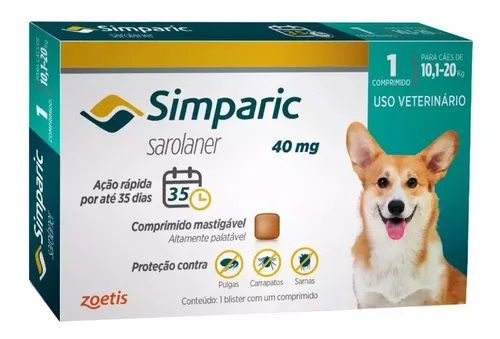 Antipulgas Simparic 10 a 20kg Cães 40mg 1 comprimido