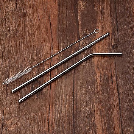 Canudo Inox Kit 2 Reutilizável Reto e Curvado Limpador