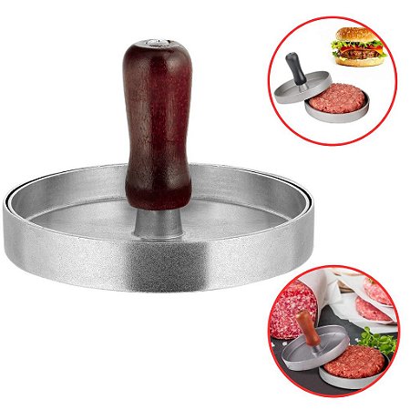 Modelador De Hambúrguer Artesanal Inox Forma Molde Caseiro Cozinha Modeladora Gourmet Cabo de Madeira Prensa Profissional