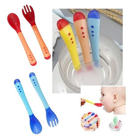 Colher Bebe Infantil Com Garfo para Bebê de Silicone com Indicador de Temperatura Alimentacao Sem Bpa Termosensivel Termica Garfo