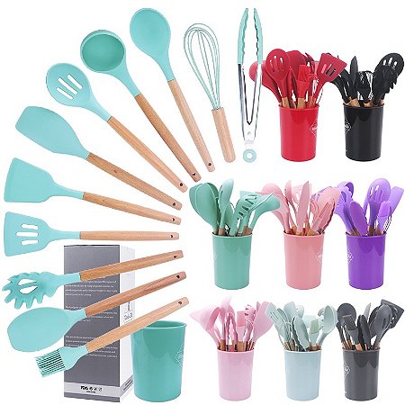 Kit Utensílios De Cozinha Silicone Jogo 12 Peças Com Suporte Espatula Colheres Cabo Madeira Decoração Colher
