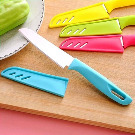 Faca Cozinha Colorida Inox Portátil Lâmina Afiada Corta Fatia Descasca Legume Salada Fruta Comida Capa Bainha Protetora Capa