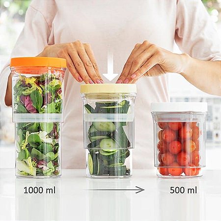 Potes Herméticos Retrátil com Vedação Vácuo 550ml aumenta para 1050ml Temperos Organização Mantimentos Condimento Regulável Ajustável Acrílico