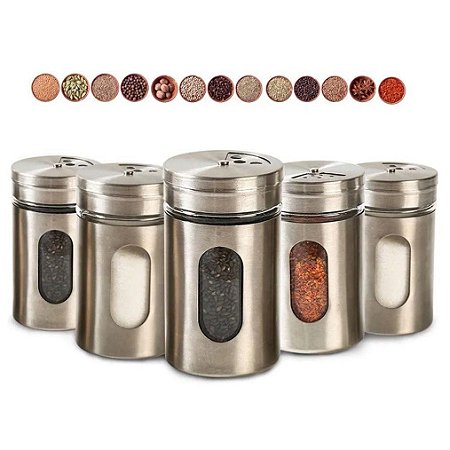 Porta Condimentos Temperos Inox Saleiros Pimenteiro Paliteiro Sal Pimenta Vidro Tampa Organizador Cozinha