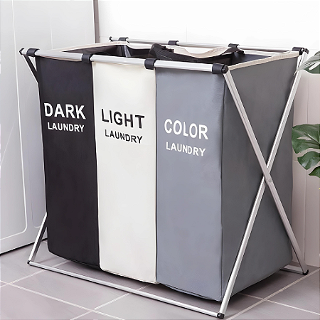Cesto De Roupa Suja Dobravel 3 Divisórias Grande Organizador Roupas Sujas Lavanderia Compartimento