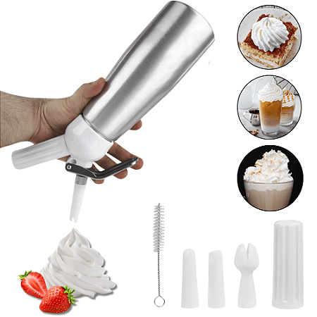 Garrafa De Chantilly Sifão Inox Profissional 500ML 3 Bicos Cozinha Confeitaria Bolo Chantili Creme
