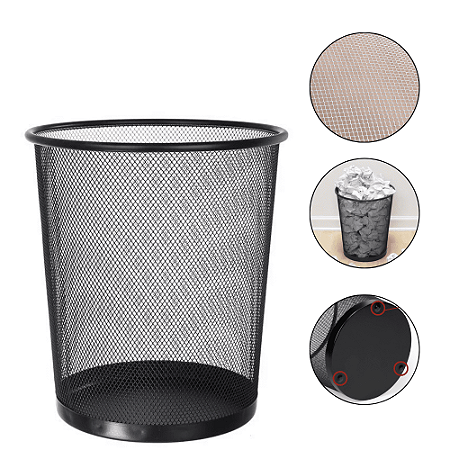Lixeira Escritório Preta 10L Cesto De Lixo Escritorio Lixinho Para Quarto Aramado Metal Redonda