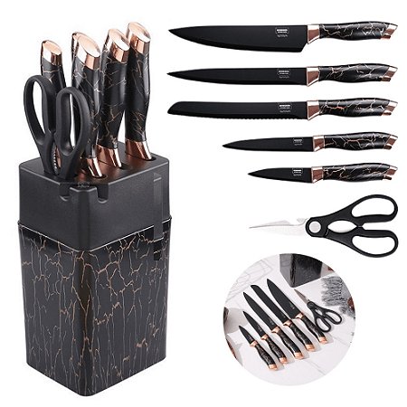 Kit De Faca De Cozinha Com Cepo Jogo De Facas Com Suporte Antiaderente Conjunto 7 Peças Inox Marmorizadas Utensílios
