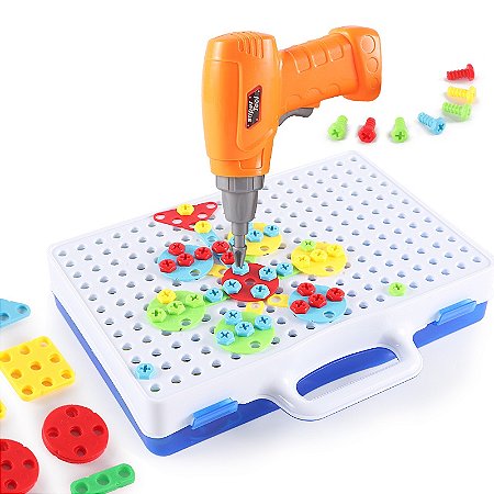Kit Ferramentas Infantil Brinquedo Educativo Furadeira Blocos De Montar Construção Quebra Cabeça