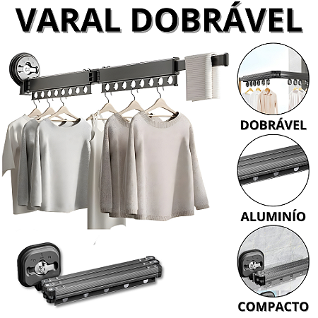 Varal Retratil Parede Recolhivel Cabideiro Retrátil Lavanderia Dobrável Multiuso Apartamento Casa