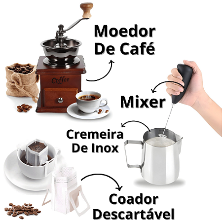 Kit Coador De Café Descartável + Jarra Cremeira De Inox 350ml + Mini Misturador Elétrico  + Moedor Manual Manivela