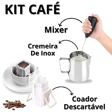 Kit Coador De Café Descartável + Jarra Cremeira De Inox 350ml + Mini Misturador Elétrico