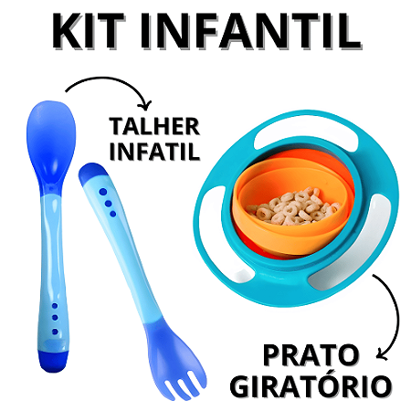 Kit Alimentação Infantil Prato Giratório 360 Graus Colher E Garfo Termossensível Silicone Para Bebe Criança