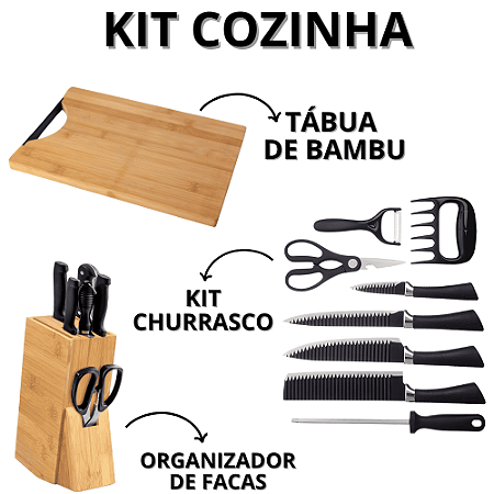 Kit Cozinha Tabua De Carne Bambu Jogo De Facas Inox Organizador Cepo Porta Faca Churrasco Multiuso