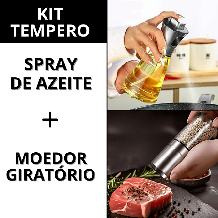 Kit Cozinha Spray Azeite Vidro 180ML Moedor Sal Pimenta Inox