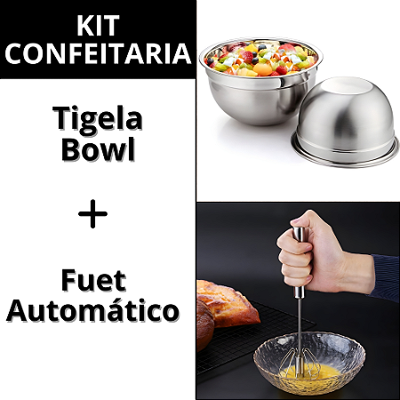 Kit Batedor Manual Fue Claras Em Neve e Bowl Inox Grande Tigela Cozinha Saladeira
