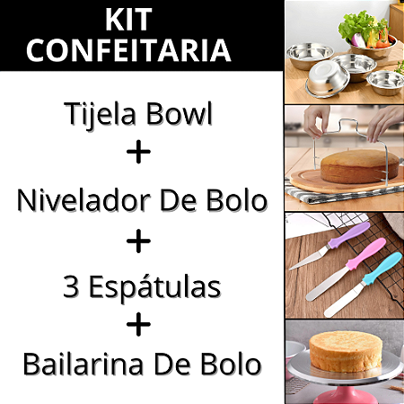 Kit Confeiteiro Espátulas Inox Cortador de Bolo Bowl Inox Bailarina Giratória 30cm Para Confeitaria