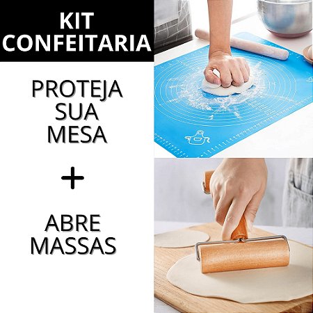 Kit Confeitaria Tapete Silicone Antiaderente e Rolo De Massa Madeira Pizza Torta Biscoito