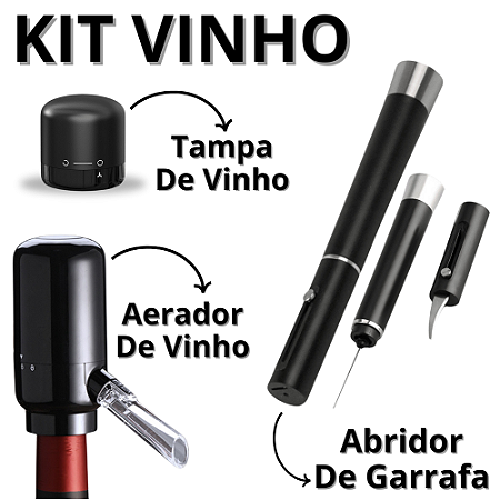 Kit Com Abridor De Garrafa + Aerador De Vinho Elétrico + Tampa Com Trava Giratória