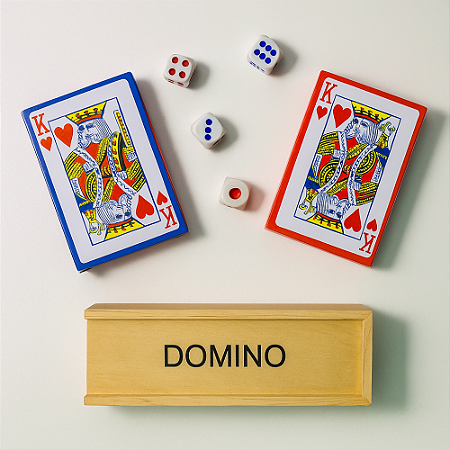 Kit Jogos Completo Com 108 Cartas De Baralho + Domino +4 Dados