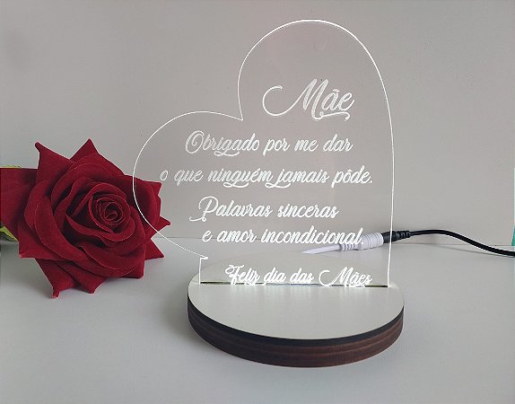 Luminária Led em Acrílico Cristal Coração Dia das Mães
