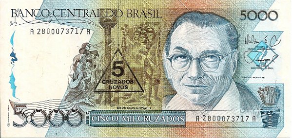 Cédula Brasil 5 Cruzados Novos (Carimbo) 1989/Portinari FE [Brasil/República]