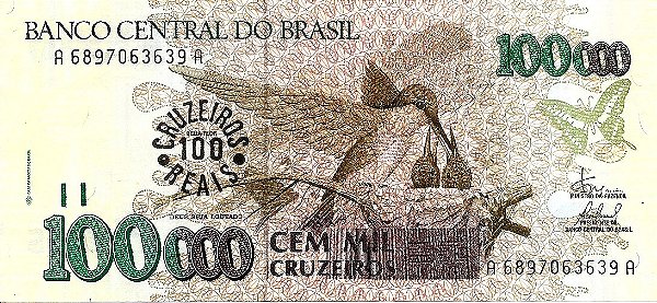 Cédula Brasil 100 Cruzeiros Reais 1993 Beija-Flor FE [Brasil/República]