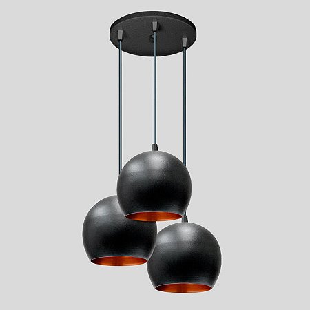 Pendente Aluminio Bola Tripla Preto C/ Cobre E-27