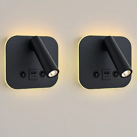 Arandela Led Quadrada Dalo C/USB e USB c 12W 3000K 100-240V IP20 Preto