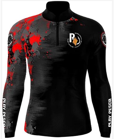 Camisa de Pesca Tamba Preta com Vermelho Play Pesca com Proteção Solar Uv50+ - Rafinha Minhoca