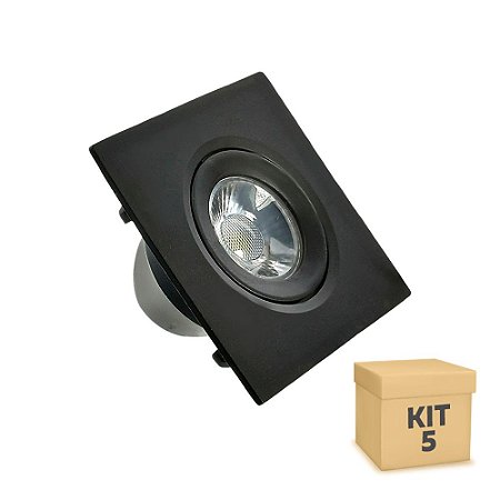 Kit 5 Spot LED SMD 3W Quadrado Branco Frio Preto