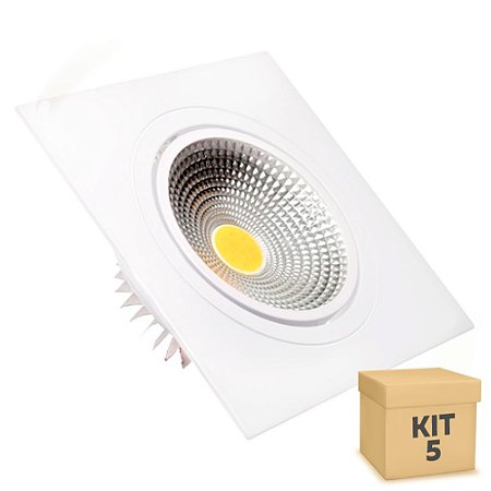 Kit 5 Spot LED 5W COB Embutir Quadrado Branco Frio Base Branca