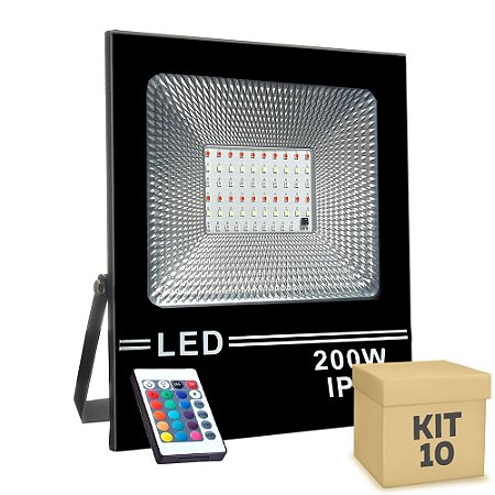 Kit 10 Refletor Holofote MicroLED SMD Slim 200W RGB Colorido com Controle