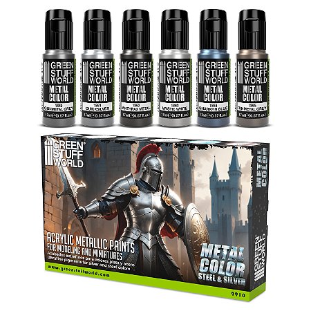 Conjunto Tintas Metálicas SILVER - Green Stuff World (Box x6 17ml)