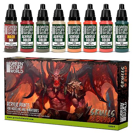 Conjunto Tintas Acrílicas SKULLS & BLOOD - Green Stuff World (Box x8 17ml)