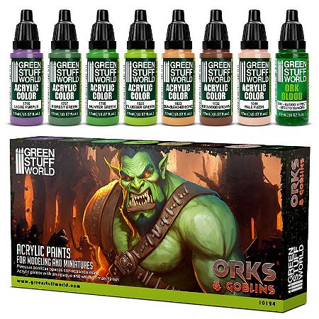 Conjunto Tintas Acrílicas ORCS AND GOBLINS - Green Stuff World (Box x8 17ml)