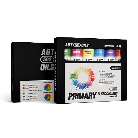 Conjunto Tintas Óleo PRIMARY & SECONDARY COLORS - Ak Interactive/Abteilung 502 (Box x6 20ml)