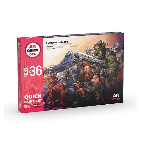 Conjunto Tintas Acrílicas Quick Gen 36 cores - AK Interactive (Box x36 18ml + 2 pincéis)
